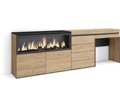 Amueblate online, tocador, dormitorio habitación, 234x75x35 cm, con cajón, chimenea eléctrica, cómoda, cajonera, roble