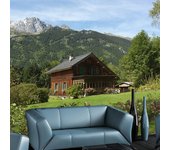 Papelera panorámica asegurada, chalet de madera con montaña mileu con árboles de abetos y árboles, 270 cm x 250 cm