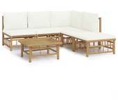 Muebles de jardín de 6 piezas con cojines de bambú blanco crema.