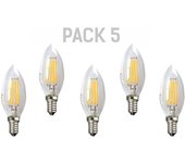 Pack x5 bombilla ledeco vela de filamento e14 450lm 4w 3000k 15.000h transparente
