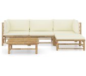 Muebles de jardín de 5 piezas con cojines de bambú blanco crema.