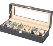 Caja para relojes para 6 relojes compartimientos y almohadillas extraíbles tapa de cristal piel sintética (6 relojes)
