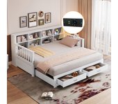 Cama nido 90/180 x 190 cm con 2 cajones y compartimentos, sofá cama - pino + contrachapado + mdf - tomas usb - blanco (sin colchón)