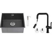 Fregadero negro 1 bandeja 50x43x18,5cm, acero inoxidable, distributor de jabón+grifo de cocina con ducha extragible rotativa 360 °2 fon