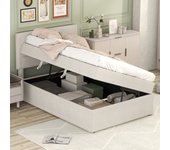Cama contenedor 90 x 200 cm con cabecero - tela de lino - apertura lateral - somier de láminas - beige (sin colchón)