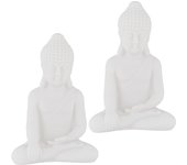 Set 2 figuras buda sentado, 17 cm, estatua budista jardín, resistente, intemperie y heladas, exterior, salón, blanco