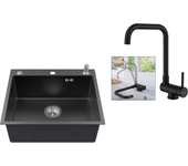 Fregadero cocina 1 seno 54*49*20 cm,en inox,gris negro,con dispensador jabón+mezclador cocina plegable giratorio 360° agua fría caliente,negro