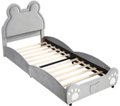 Cama infantil acolchonada en forma de oso, terciopelo gris, cama 90x200 cm con material en madera y metal