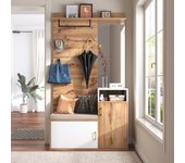 Zapatero con banco, perchero y espejo - 105 x 40 x 190,5 cm - mdf y tableros de partículas - blanco y madera