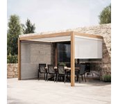 Pérgola bioclimática adosada de 3x4m y 2 persianas de madera blancas ( 2 stores 2,66 x 2,40 m ) - oviala