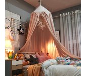 Cama con flecos y cúpula para habitación infantil, tienda de campaña con repisa, mosquitera de encaje, montaje en el techo, sin agujeros, color rosa