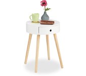 Relaxdays mesa auxiliar redonda con cajón, madera-dm, blanco, 52 x 40 cm