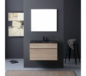 Mobile de baño suspendido de 90 cm, cajón de efecto madera y lavabo negro | sole