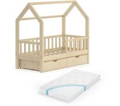 Vitalispa cama en forma de casa wiki, madera natural, 70x140 cm con cajones y colchón