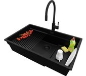 Primagran fregadero granito todo negro 76x47cm, fregadero cocina 1 seno + sifón + accesorios, fregadero sobre encimera al mueble 80cm - prague slim