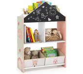 Costway estantería infantil en forma de casa, organizador de juguetes de madera con pizarra y tablero blanco 2 en 1, 4 compartimentos y 2 cajones, kit