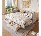 Cama nido 90/180 x 200 cm, diván con cabecero y 2 cajones - terciopelo - beige (sin colchón)