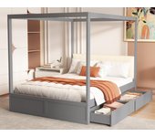 Cama con dosel de madera de 140x200cm - con cabecero tapizado y 2 cajones - gris