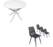 Conjunto salón, pack de 4 sillas de comedor, silla tapizada, mesa fija redonda, blanco mate, patas blanco