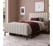 Cama individual de 90 x 200 cm con somier y cabecero regulable, cama tapizada en color beige grisáceo, en tejido de lino
