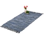 Relaxdays alfombra de pasillo con flecos, 70 x 140 cm, algodón y cuero, antideslizante, retazos, azul