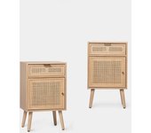 Pack 2 mesitas de noche mdf, chapa de paulownia, ratán natural 42 x71