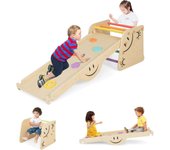 Costway 6 en 1 juego de escalador de madera con rampa reversible, balancín, taburete de altura ajustable, escalera de escalada, patrones de cara sonri
