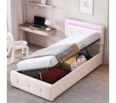 Cama contenedor 90 x 200 cm con cabecera ajustable - tela de terciopelo - led - somier de láminas - beige (sin colchón)