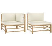 Muebles de jardín 2 piezas con cojines blanco crema bambú