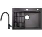Fregadero cecipa max 1 de acero inoxidable con escurridor - fregadero negro 60×45×18 cm + grifo monomando con ducha extraíble giratorio 360° negro
