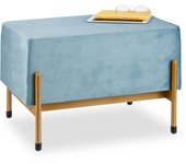 Relaxdays banco tapizado terciopelo, banqueta entrada, descalzadora patas metal, dormitorio, 40x60x43,5cm, celeste/oro