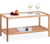 Relaxdays mesa de centro con tablero cristal, mesita sofá con estante, madera de nogal, salón, 40x80x40 cm, natural