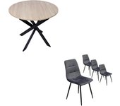 Conjunto salón, pack de 4 sillas de comedor tapizadas, mesa fija redonda, roble, patas negras
