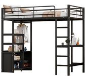 Cama loft 90x200 cm, estructura de metal con escritorio, enchufe y usb, varias estanterías