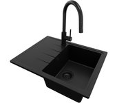 Primagran fregadero granito todo negro 62x50cm, fregadero cocina 1 seno + grifo 40x22cm + sifón, fregadero sobre encimera al mueble 40cm - milano