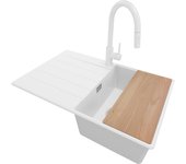 Primagran fregadero granito blanco 78x50cm, fregadero cocina 1 seno + sifón+ accesorio, fregadero sobre encimera al mueble 45cm