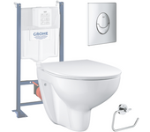 Bau set de inodoro sin borde cerámico slim + tapa + marco de soporte + placa de control cromada + dispensador de papel