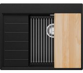 Primagran fregadero cocina negro metallic 62x50cm, fregadero granito 1 seno + sifón + accesorios, fregadero sobre encimera al mueble 45cm - sydney