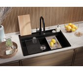 Primagran fregadero cocina negro 78x53cm, fregadero granito 1 seno + sifón + accesorios, fregadero sobre encimera al mueble 80cm - oslo pocket
