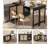 Mueble bar giratorio - 2 puertas, cajones y estantes de almacenaje - mdf y efecto ratán - negro
