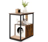 Mesa auxiliar para gato, con cabaña para gatos, alfombra de peluche extraíble, poste de garra, alfombrilla para garra, kits anti-basculamentos(marrón