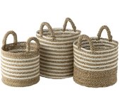 Conjunto de 3 cestas rayadas de rafia blanca y natural de 31 a 42 cm de diámetro