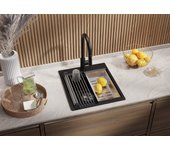Primagran fregadero cocina negro 43x50cm, fregadero granito 1 seno + sifón + enrollable escurridor, fregadero sobre encimera al mueble 45cm - oslo