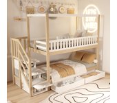 Literas 2 x 90 x 200 cm con 5 cajones y barreras - pino + contrachapado + mdf - blanco y madera (sin colchón)