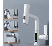 Mezclador giratorio para lavabo con rociador extraíble, indicador de temperatura del grifo del baño, grifo con 3 modos de chorro, blanco