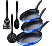 Set 3pc sarten (16+20+24cm) aluminio prensado, inducción, azul navy paradise con set 3pcs utensilios de cocina