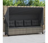 Sillón con dosel y cojines de resina tejida gris.