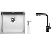 Fregadero de cocina inox 1 bandeja 50*43*18cm con dispensador de jabón+grifero de cocina negro ducha extraíble de 2 jets