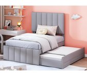 Cama tapizada de lino 90x200 cm - con cama nido con ruedas y 3 cajones - gris