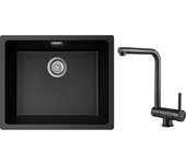 Fregadero de 1 seno de cuarzo y resina, 3 opciones de montaje, 55*44*20 cm + grifo de cocina monomando plegable negro